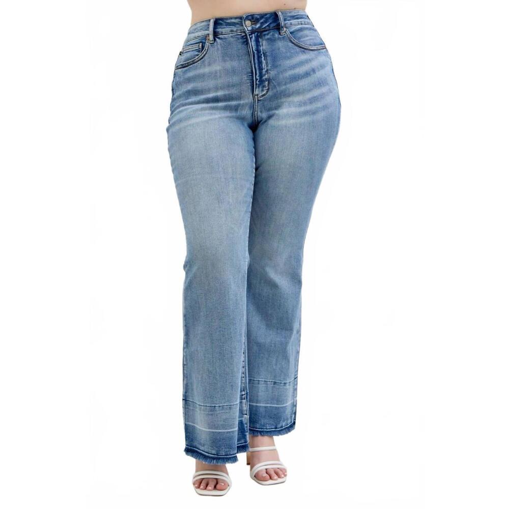 NEW JUDY BLUE tummy control with release hem flare jeans - plus in medium blue